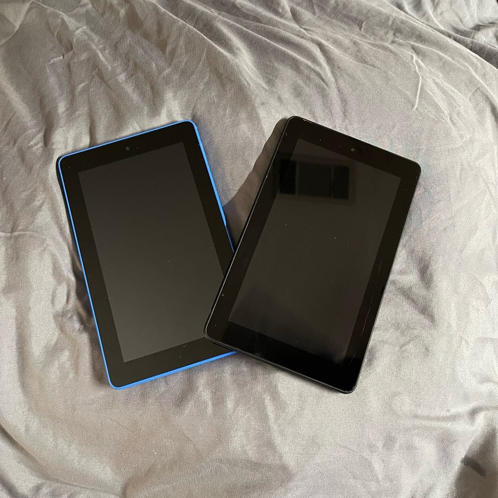 Two Kindle Fires, Blue and Black